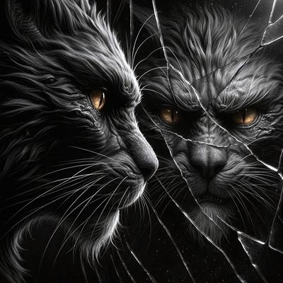 The primary subject of the image is a cat, which is the main focus of the scene. The cat is depicted in a black and white color scheme, giving it a classic and timeless appearance. The setting is a dark room with a broken mirror, which adds an element of mystery and intrigue to the scene. The visual style of the image is a combination of digital art and illustration, creating a unique and captivating piece of art. The overall atmosphere of the image is one of intensity and curiosity, as the viewer is